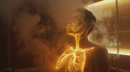An animated visualization of the saunas effect on the respiratory system with animated lungs clearing out toxins and increased oxygen flow resulting in easier