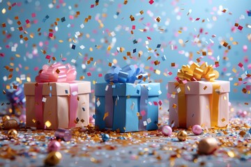 An array of beautifully wrapped gift boxes with ribbons and falling confetti, set against a soft-focus blue background