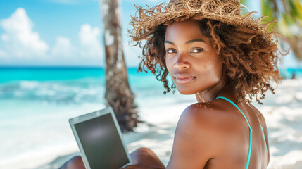 Beautiful african american woman using tablet computer on tropical beach, the concept of freelancing