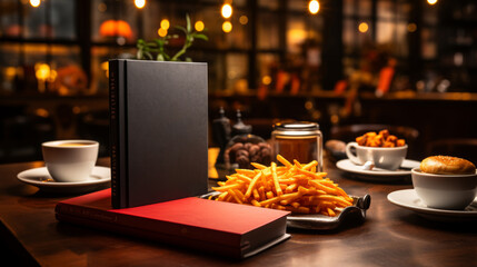 French fries with a book on a wooden table in a cafe.