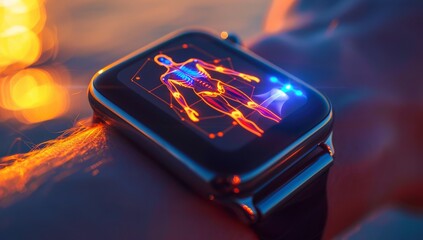 Close up of smart watch with digital human body scan on screen, sunset background, futuristic style, hyper realistic photography.