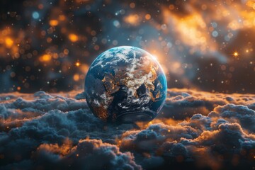 Surreal image of Earth floating amidst clouds with a dramatic cosmic background suggesting environmental concepts