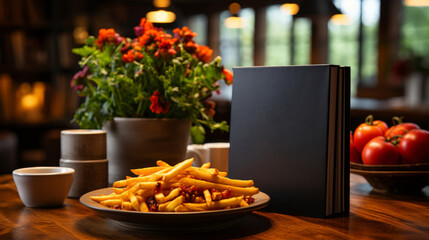 French fries with a book on a wooden table in a cafe.