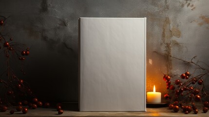 Blank book on wooden table and burning candle on grey wall background