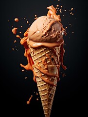 Delicious ice cream cone with caramel drizzle