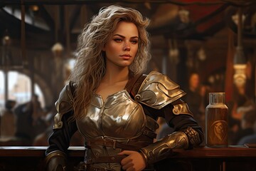 fantasy warrior woman in golden armor