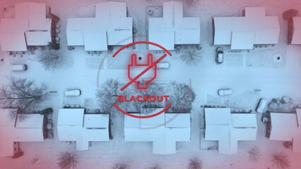 Aerial of snowy American neighborhood with BLACKOUT animated text and plug icon. Power outage theme...