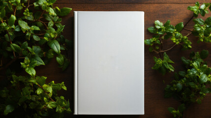 Blank book on wooden table with green plant. Top view.