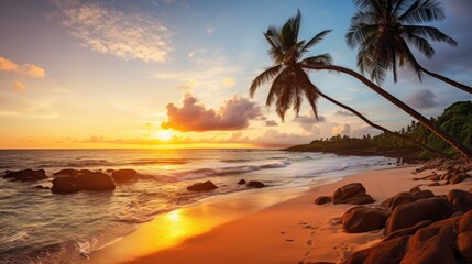 Stunning tropical beach sunset with palm trees