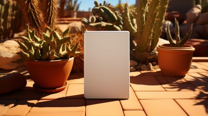 Blank white box mockup on terrace with cacti.