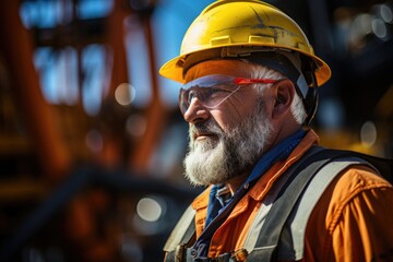 Hardworking construction worker with beard and safety gear