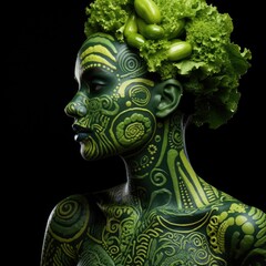 Artistic body painting with green leaves