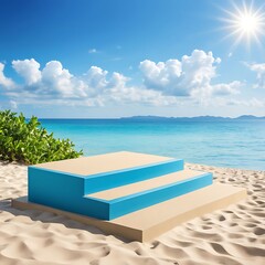 Fototapeta premium Beach podium summer background sand product 3D sea display platform. Beach podium summer banner stand scene sale sky holiday vacation stage water island sun travel pedestal promotion presentation ad.