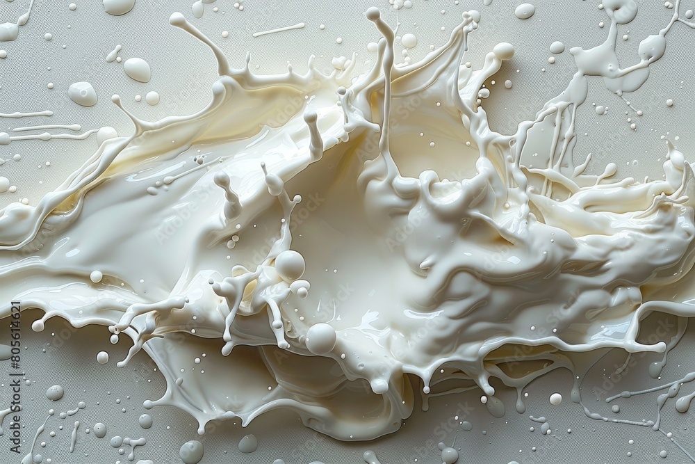 Poster high-resolution image capturing the intricate details of milk splashing dynamically against a beige 