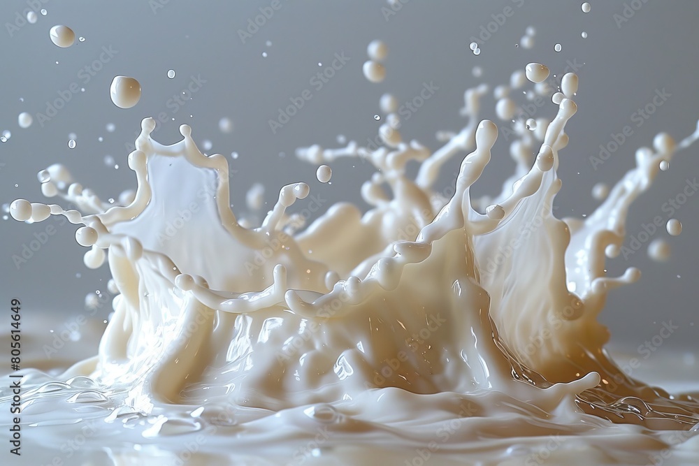 Poster this close-up image showcases a milk splash with droplets captured mid-air, emphasizing the dynamics