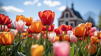 Vibrant tulips in bloom with historic building in background