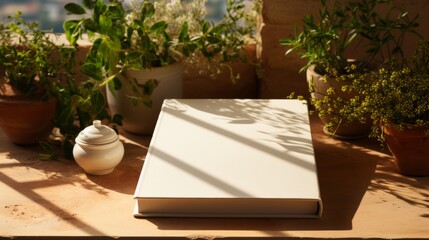 Blank book on wooden table with sun light and garden background.
