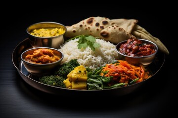 Delicious Indian Thali Platter with Curries, Rice, and Naan Bread