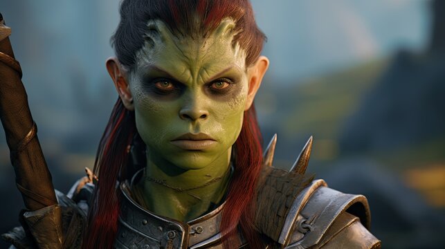 Fierce green alien warrior with red hair and horns