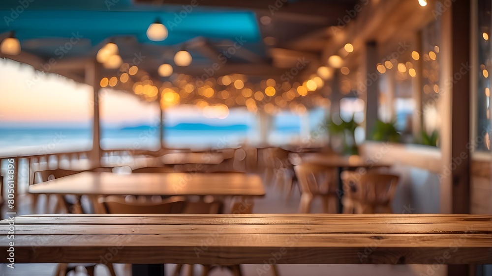 Poster Wooden table with bokeh lighting and a blurry beach cafe background made with generative artificial intelligence