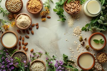 A beautiful border of diverse dairy-free milks and ingredients on a textured background emphasizing natural and healthy eating