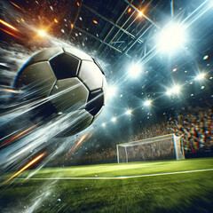dynamic soccer ball flies towards the goal in the stadium, Generative Ai