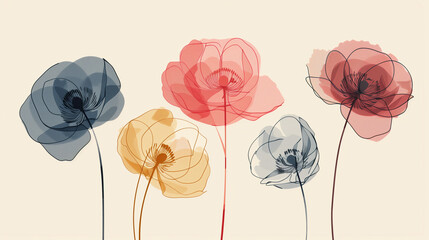 Trendy collage style ranunculus card designs. Abstract and minimalist illustrations with floral outlines. With geometric shapes and botanical elements for wall art, prints, decoration, invitations