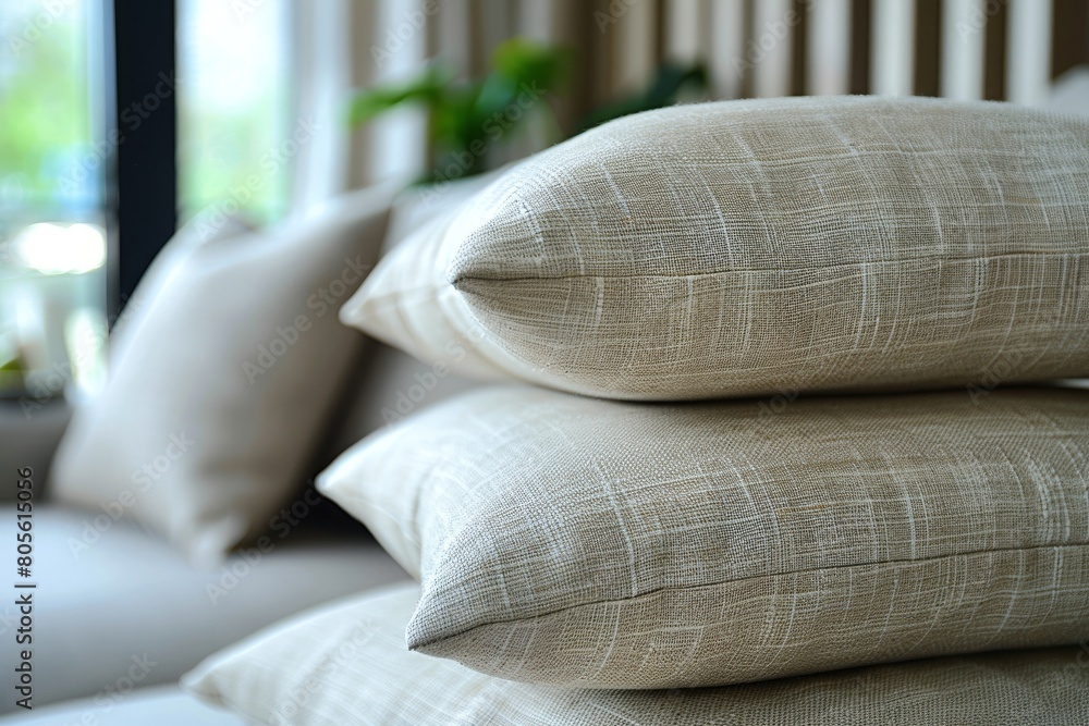Poster an image focusing on a neatly stacked set of pillows with elegant neutral tones and subtle textures,