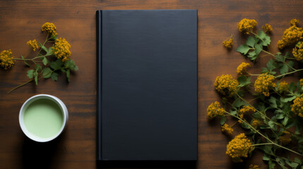 Blank black book on wooden table, top view