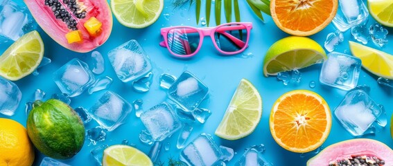 Colorful summer background with sunglasses, fruits and ice cubes on blue table top view.