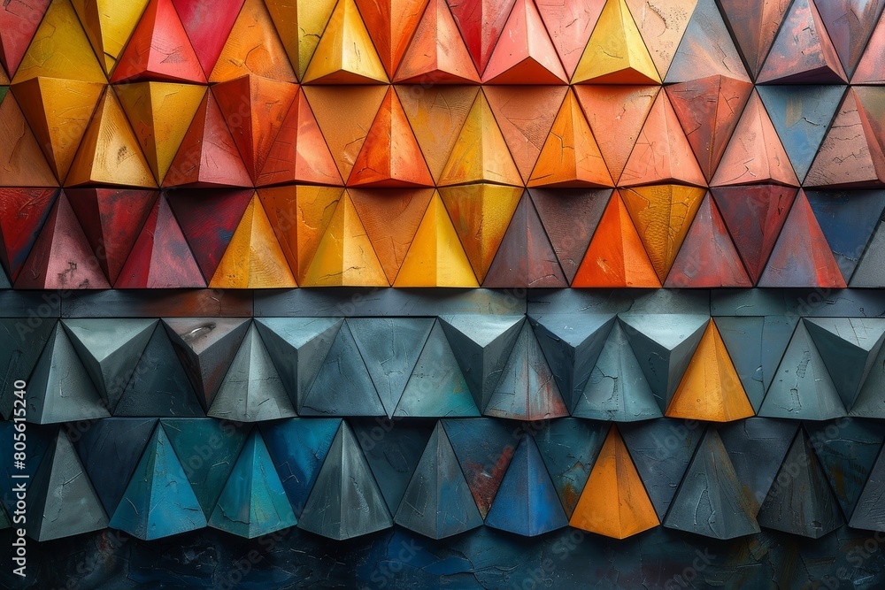 Poster distinctive geometric design featuring a gradient of triangular panels with a textured, weathered lo