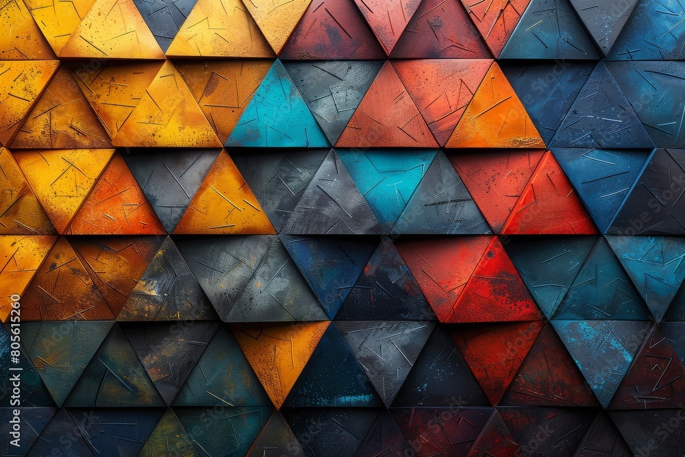 Poster a vibrant geometric background with multi-colored triangular panels arranged in a unique, textured p