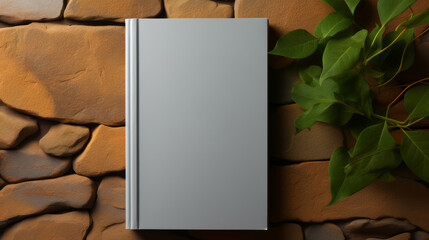 Blank book mockup on stone wall background.