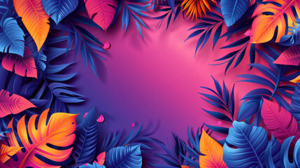 tropical party theme, electric blue, magenta, and purple tropical leaves create a vibrant backdrop for an entertaining event, igniting excitement in the air