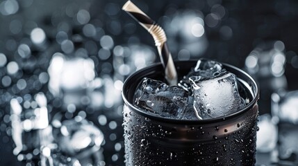 Ice cubes in a glass with straws on a black background.