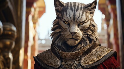 Fierce feline warrior in ornate armor