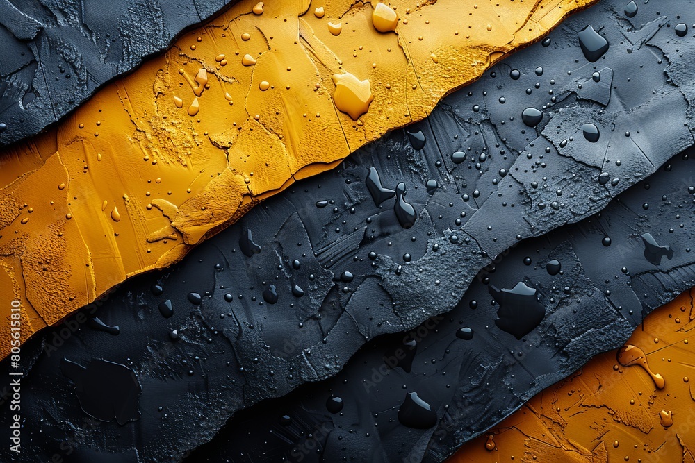 Poster this is an abstract image showing alternating black and yellow textured stripes with water droplets 