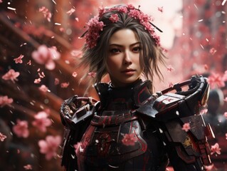 Futuristic warrior woman surrounded by cherry blossoms