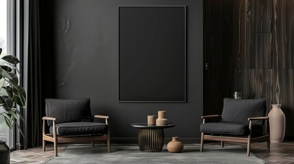 Interior of modern living room with black wooden walls, carpet, wooden floor, comfortable armchairs and coffee table. Mock up
