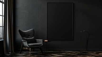 Interior of modern living room with black walls, wooden floor, black armchair and vertical mock up poster.