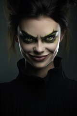 Sinister female character with intense green eyes and dark makeup