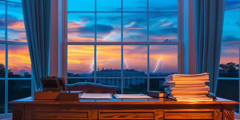 Elegant business minimalistic photo of a nice wooden executive desk in the President of the United States office with congressional papers stacked on the desk. Soft sunset lightnin