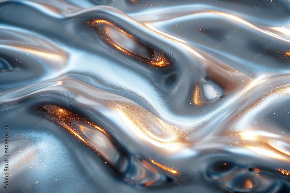 Poster digital art with swirling patterns of silver and gold liquid, suggesting luxury and fluid motion in 