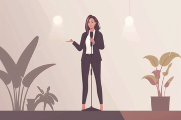 Female business leadership conference speaker on a stage holding a mic. Woman lead a lecture presentation and training at the seminar in luxury business office with white tones on
