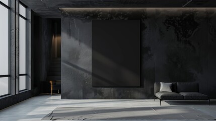 Interior of modern living room with black walls, concrete floor, gray sofa and empty mock up poster on wall.