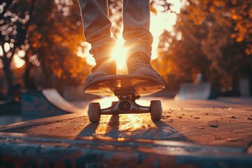 The sun sets as a skateboarder's shoes press down on the board, ready to ride the ramp at a skatepark - Powered by Adobe