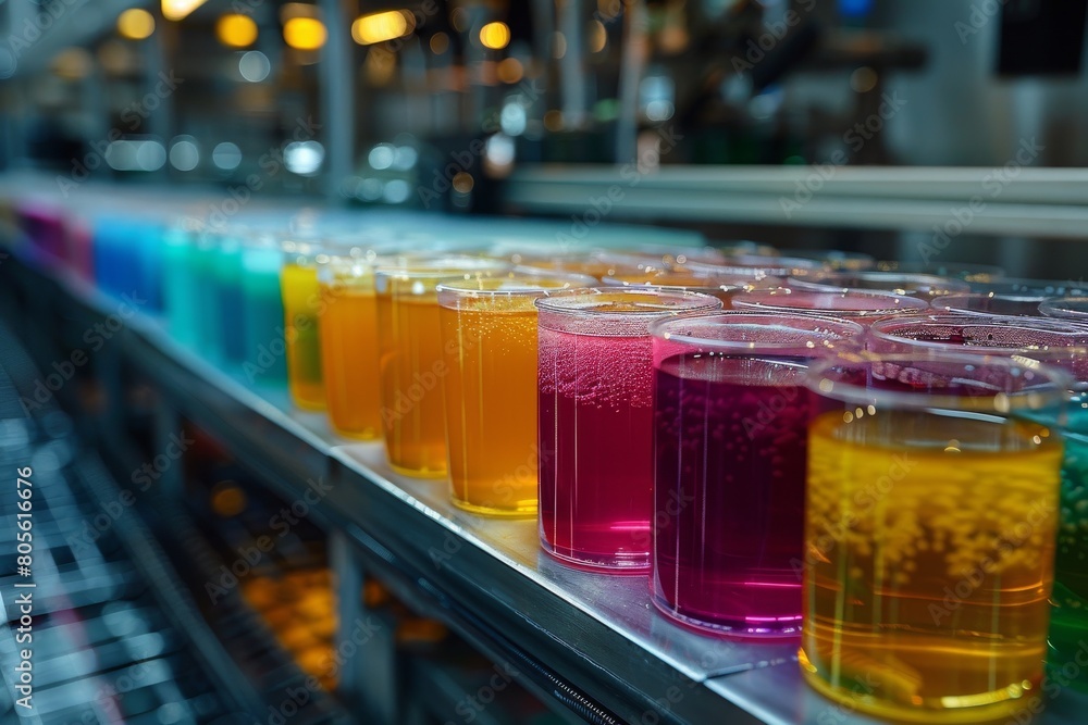 Poster a vibrant display of various liquid samples in laboratory test tubes, showcasing a spectrum of color