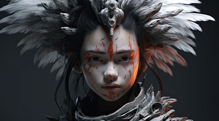 Fierce warrior woman with blood-stained face and feathered headdress