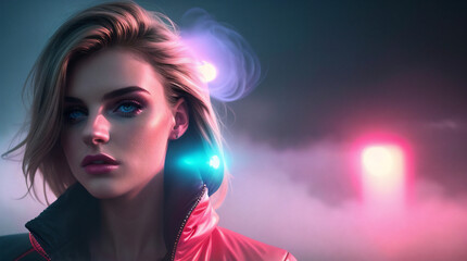portrait of a woman, neon, lights, dramatic, background, fashion 