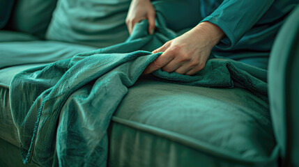 Emerald green blanket on a velvet sofa. Hands reach for the blanket.